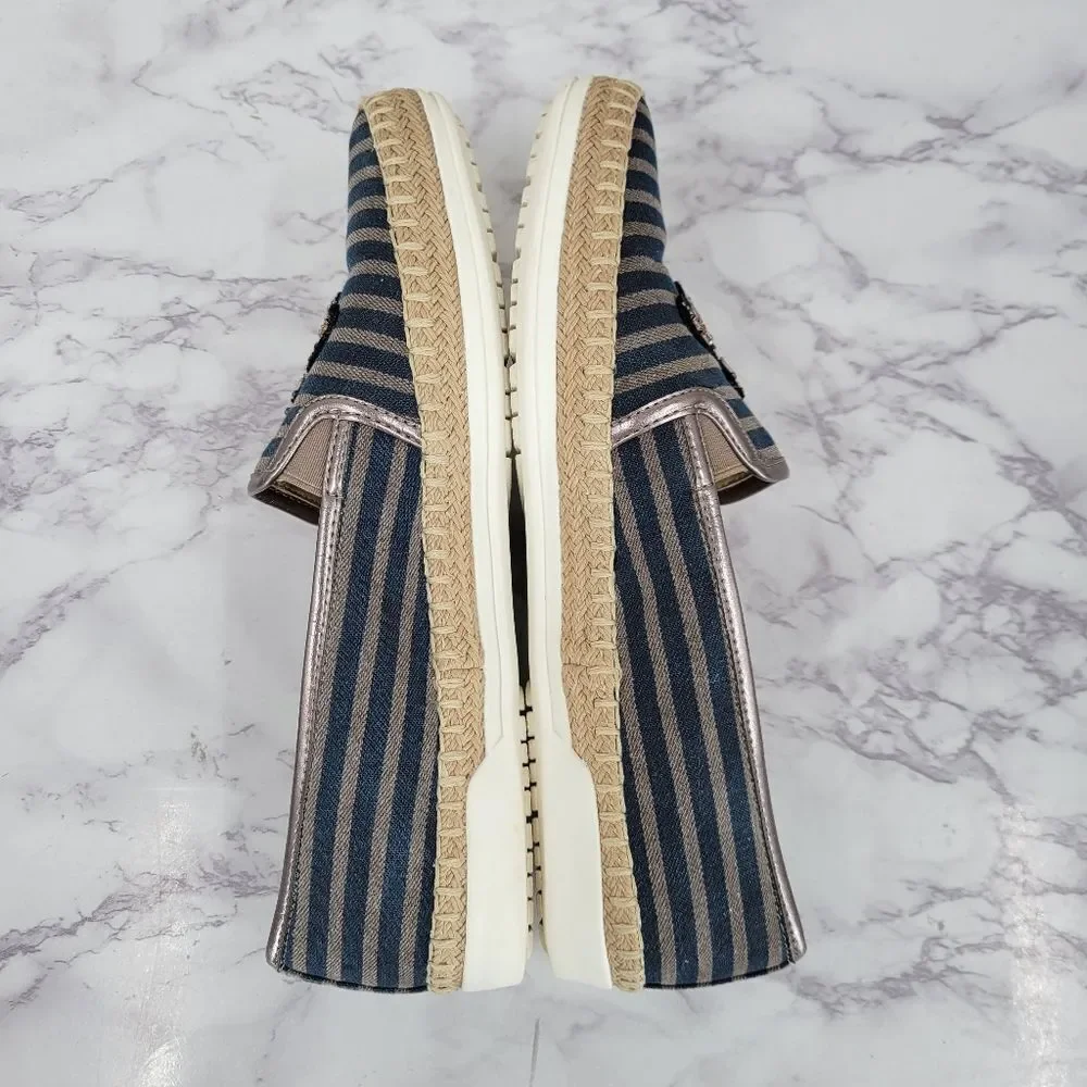 Anne Klein Stripe Blue Canvas Espadrilles with Bee Beaded Embroidery Flats Shoes